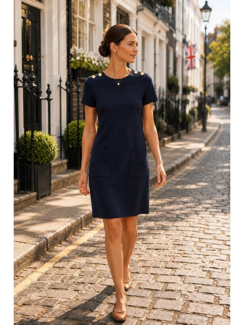 NEW Boden Navy Textured Knit Shift Dress Gold Btts on Shoulder Pockets Sz Us 4 R